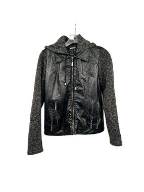 J2 Womens Faux Leather Knit Moto Jacket Hooded Black/Gray Size Medium